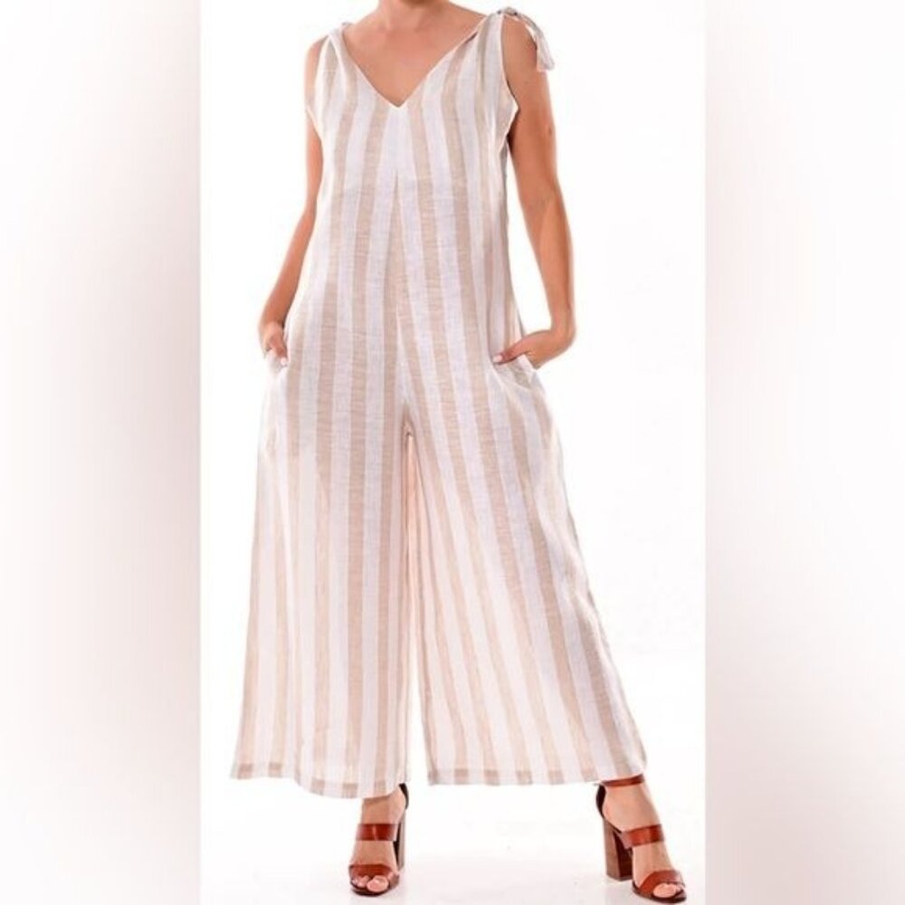 @Zucar Linen Beige Ivory Striped Palazzo Leg Jumpsuit Medium NWT